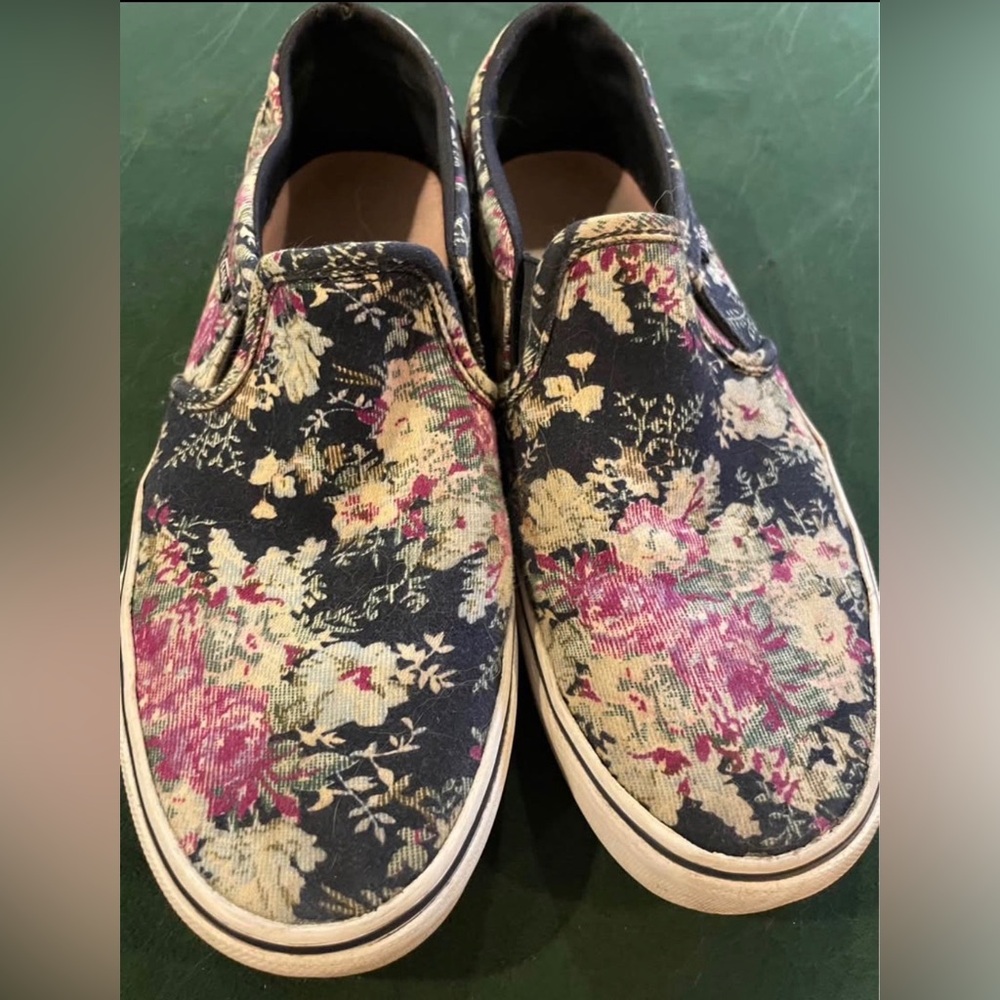Vans Navy Floral Slip-On Sneakers with Pink and Cream Accents